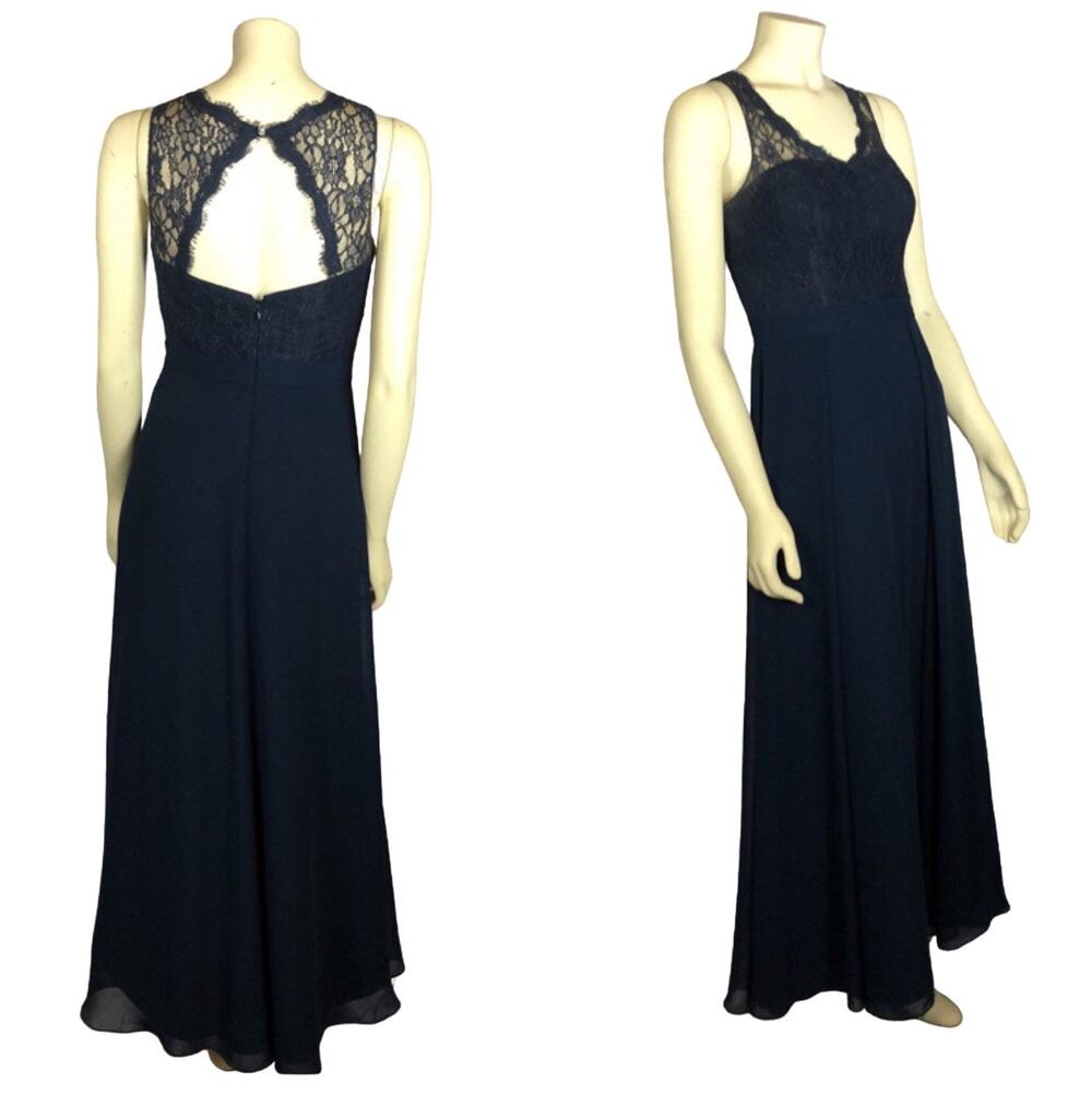 1990s Azazie Navy Lace Keyhole Back Formal Gown Small